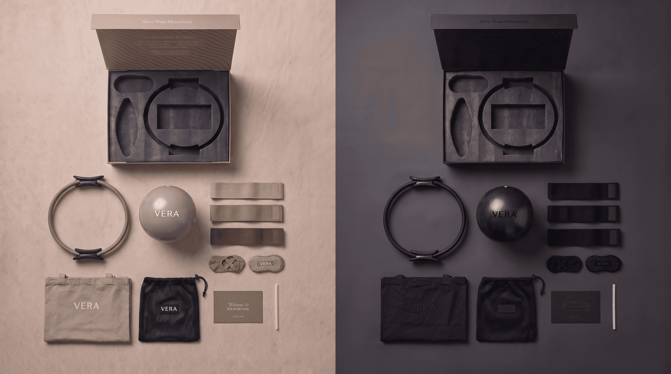 DUNE: Pilates ring, ball, three bands, grip socks, canvas tote and mesh bag.